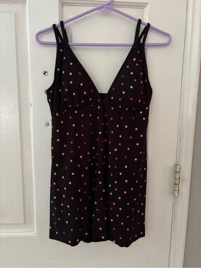 Trimshaper One Piece Swimdress Polka Dot Black Wide Strap Slimming 10 MSRP $90